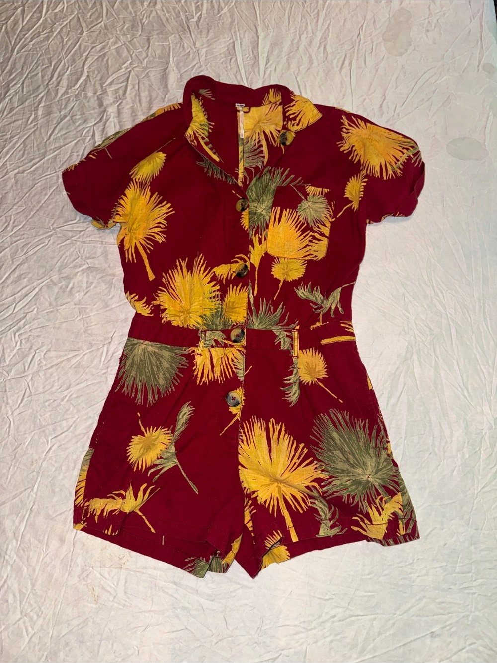 Free People Malibu Romper XS Red Yellow Tropical Palm Short Sleeve